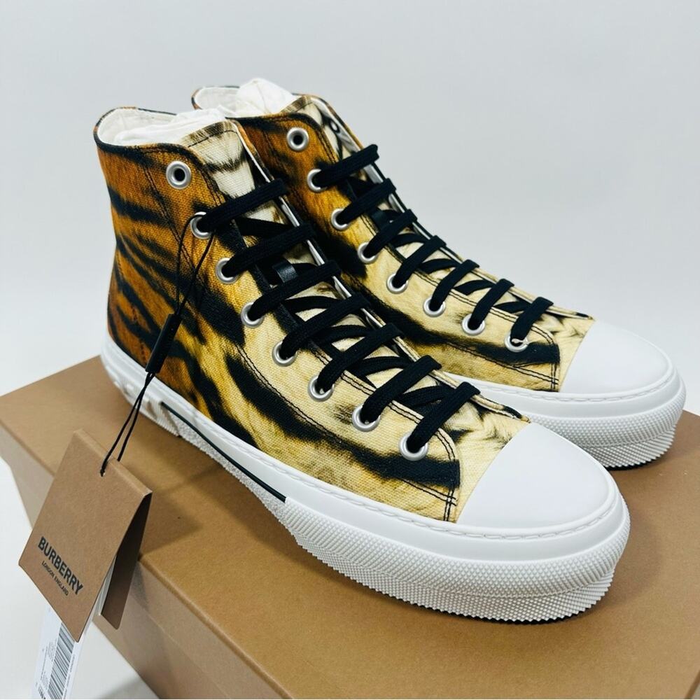 Burberry Jack 43.5/US 10.5 High Top Sneaker in Tiger Print Orange Black NIB $720 - Picture 4 of 10